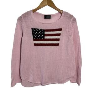 Wooden Ships Knit American Flag Crewneck Sweater Women XS Pink Lightweight Prep